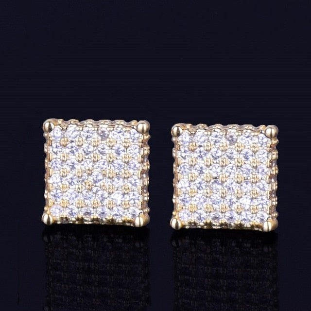 8MM Iced Out Small Square Stud Earrings With Charm Screw Back