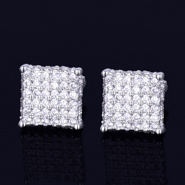 8MM Iced Out Small Square Stud Earrings With Charm Screw Back