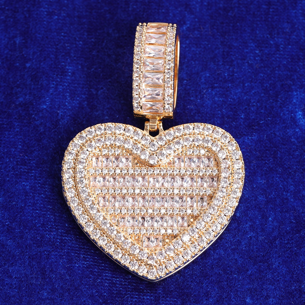 Iced Out Baguette Heart Photo Pendant